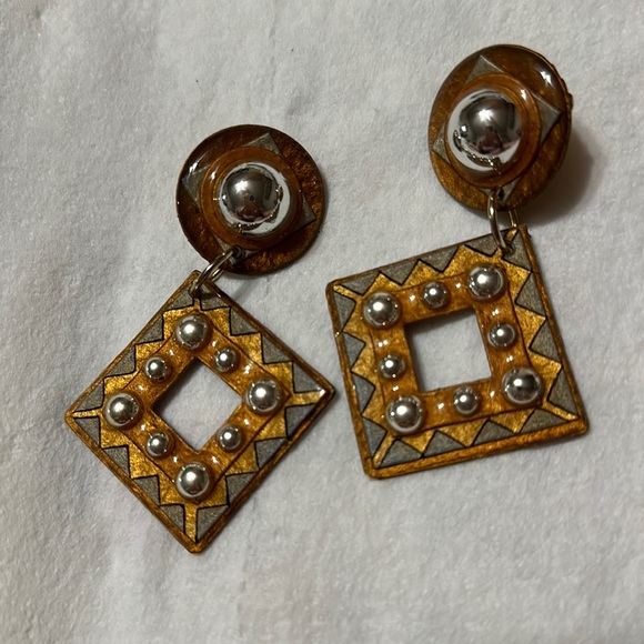Vintage Designer Dez Signed. Orange, Brown & Silver Dangle Earrings. Clean. - Picture 1 of 2